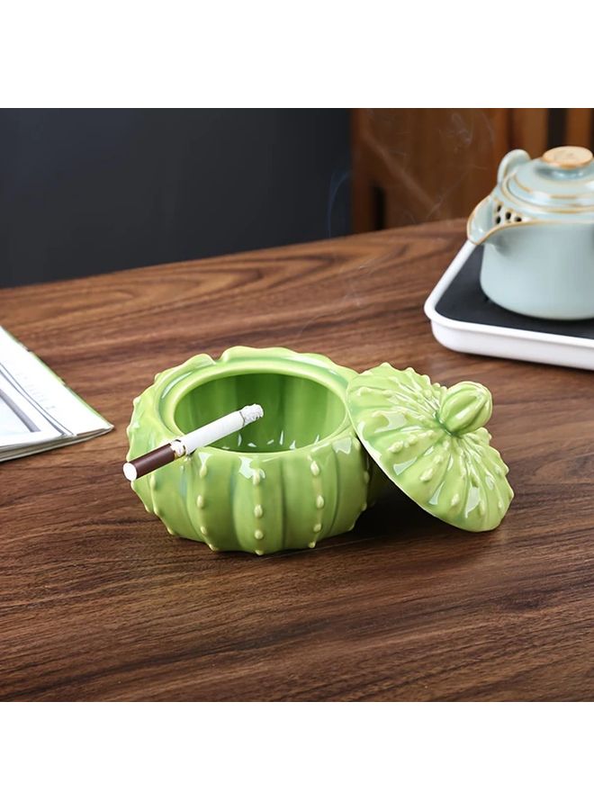 Green Cactus Ceramic Ashtray With Lid Smoke Proof Durable Desktop Decorative Home Office - Image 1
